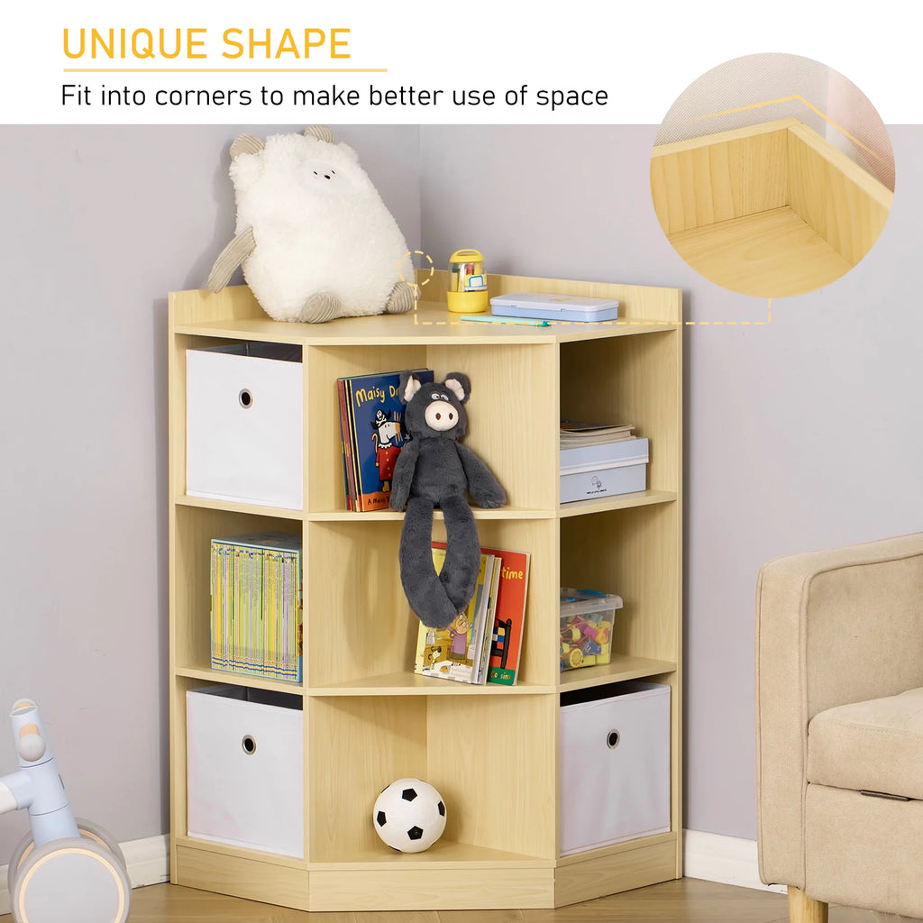 HOMCOM Kids Corner Cabinet Toy Storage Organizer with 3 Baskets, Natural A5695