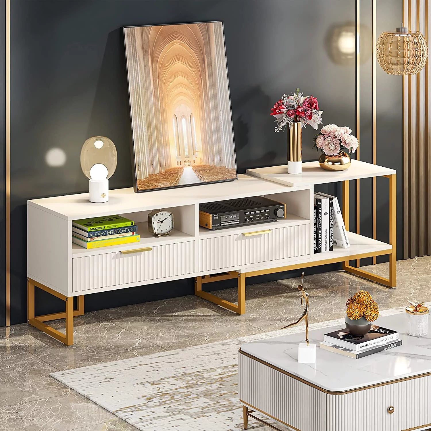 63" Wide TV Stand for TVs up to 65 55 inches, White and Gold Television Stands Entertainment Centers with 2 Drawers and Open Shelves, Media Console for Living Room