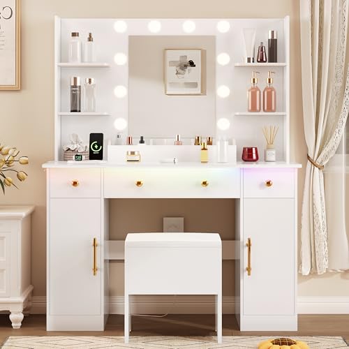 White Vanity Desk with Mirror and Lights, Charging Station and Stool Z6519