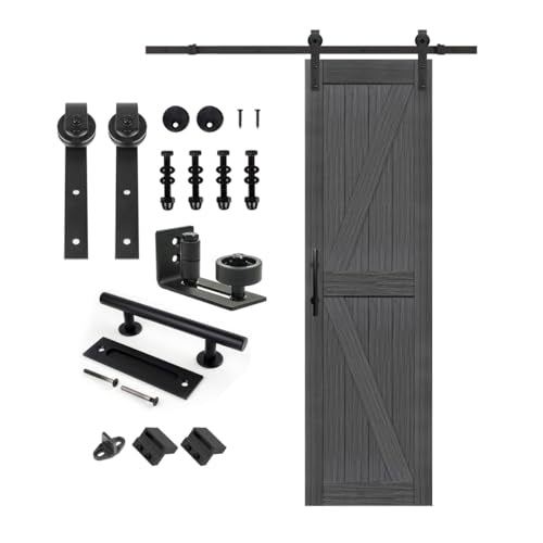 S&Z TOPHAND® 20 in x 84 in Elephant Gray British Brace Knotty Barn Door with 4FT Sliding Hardware Kit G149446