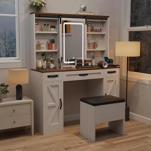 Farmhouse Vanity Desk with Lighted Mirror & Stool, 8 Shelves, 5 Drawers L80251