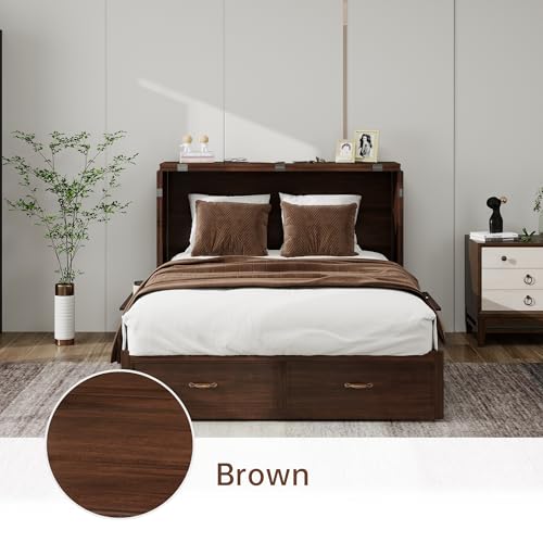 Solid Wood Murphy Bed Cabinet Full with USB Charging Ports and Storage Drawer, Ebony D190415