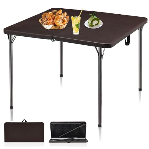 34" Folding Table, Portable Square Folding Card Table with Collapsible Legs & Carrying Handle, Plastic Tables for Camping,Picnic, Office, Party, White
