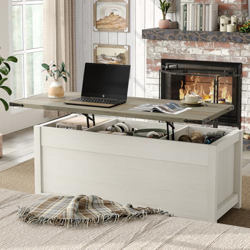47.3" Lift Top Coffee Table with Storage and Barn Doors, White and Grey I616078