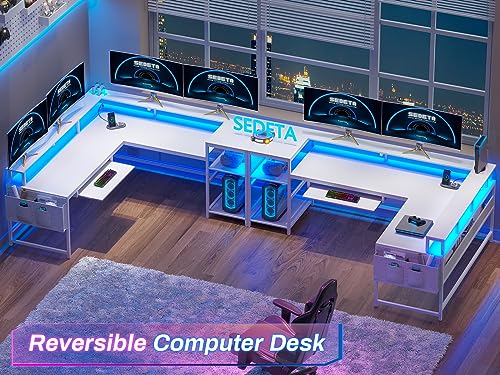 SEDETA L Shaped Gaming Desk with Power Outlets & LED Strip, Black U65690