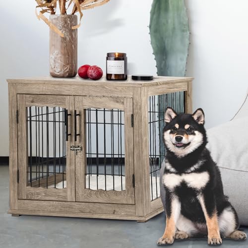 Wooden Dog Crate Furniture with Bed Mat, 32 Inch, 3 Doors, Greige X4054