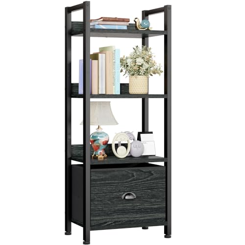 Furologee 5 Tier Bookshelf with Drawer, Industrial Tall Narrow Bookcase, Black T883828
