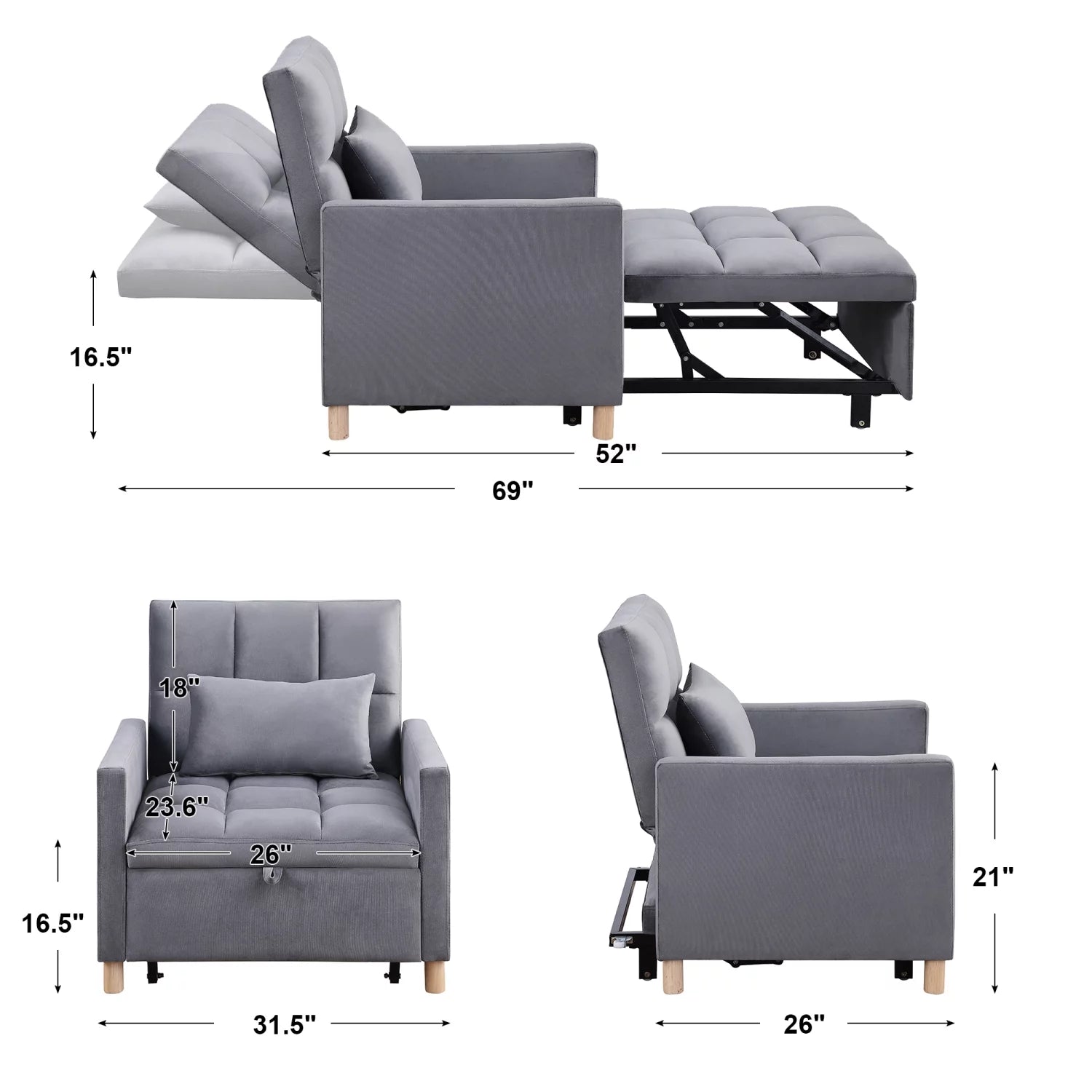 Holaki Convertible Sleeper Sofa Chair Bed with Pillow, Velvet, for Living Room M997
