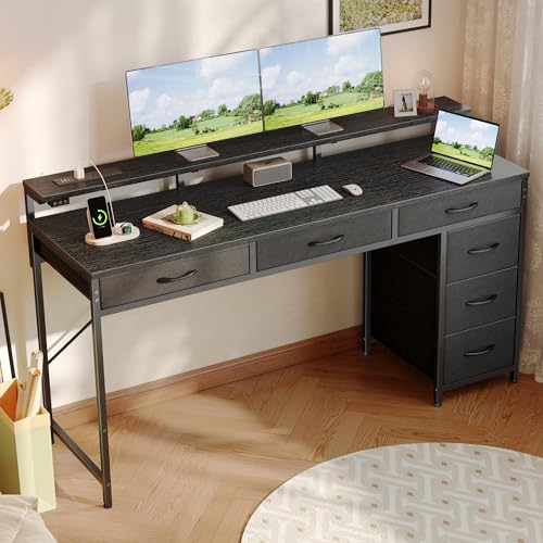 Huuger Gaming Desk with 6 Drawers, LED Lights, 47 Inch, Black N423283