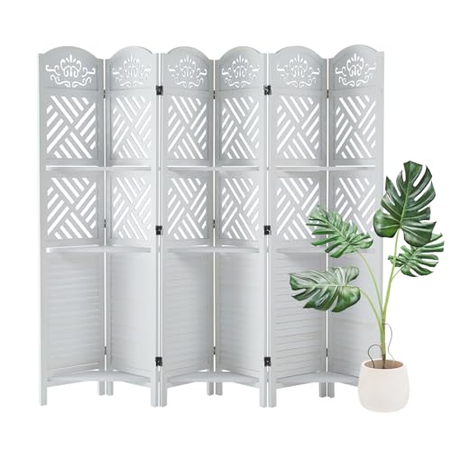 Folding Wood Room Divider with Shelves, 6 Panels, Natural K301