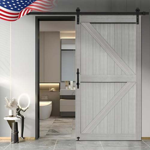 S&Z TOPHAND® 20 in x 84 in Elephant Gray British Brace Knotty Barn Door with 4FT Sliding Hardware Kit G149446