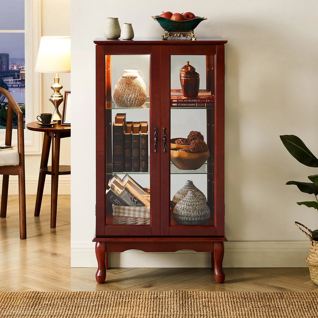 Ufurpie 3 Tier Curio Cabinet Lighted Curio Display Cabinet with Adjustable Shelves and Mirrored Back Panel,Tempered Glass Doors,(E26 light bulb not included),Cherry