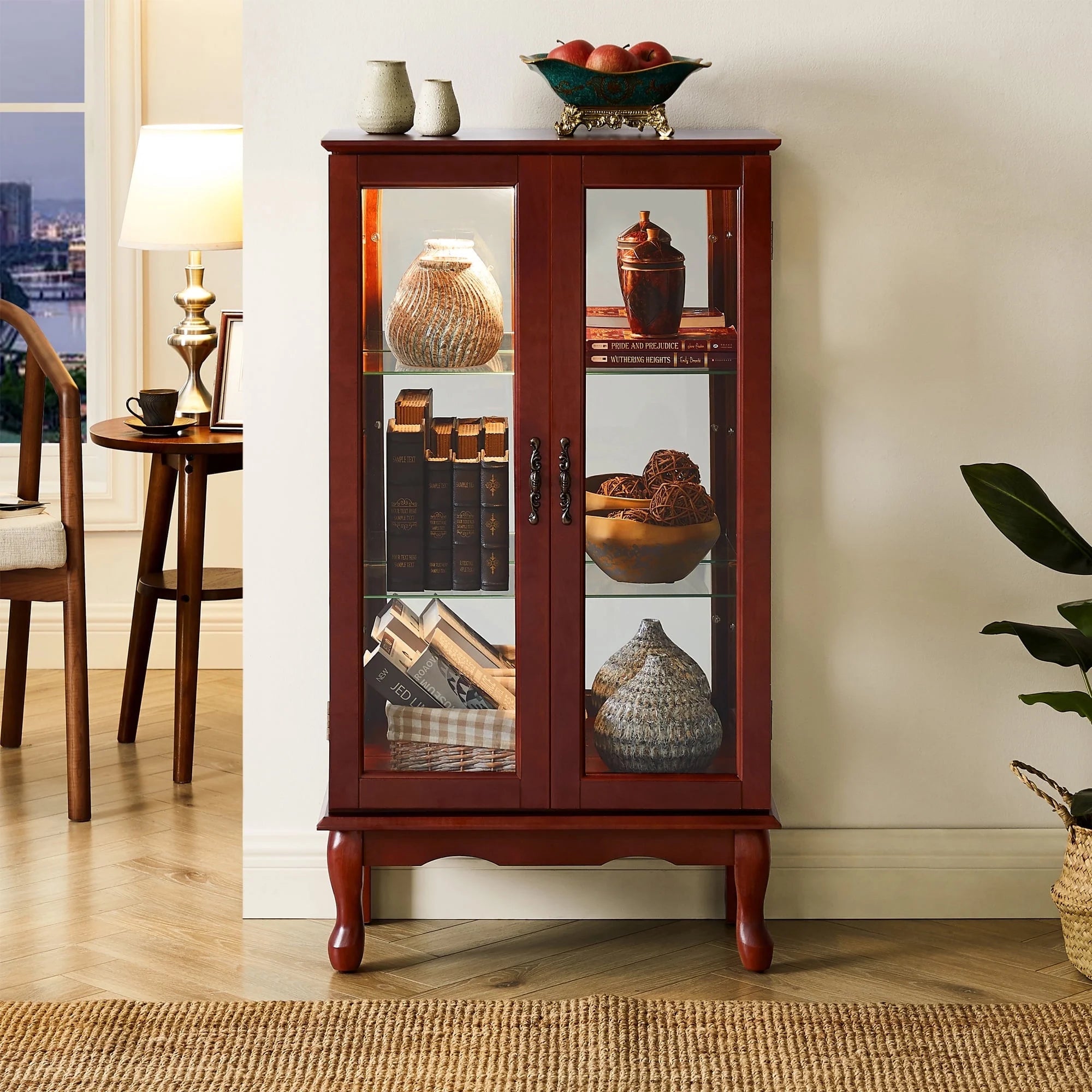 Ufurpie 3 Tier Curio Cabinet Lighted Curio Display Cabinet with Adjustable Shelves and Mirrored Back Panel,Tempered Glass Doors,(E26 light bulb not included),Cherry
