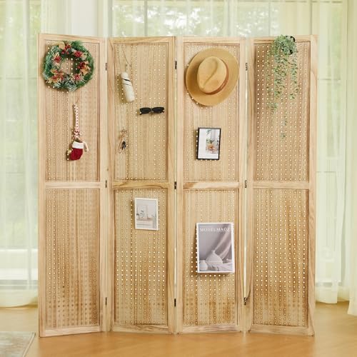 Pegboard Display 5.6Ft Wooden Room Divider Folding Privacy Screen Freestanding Wall Organizer, 4 Panels, Natural C603