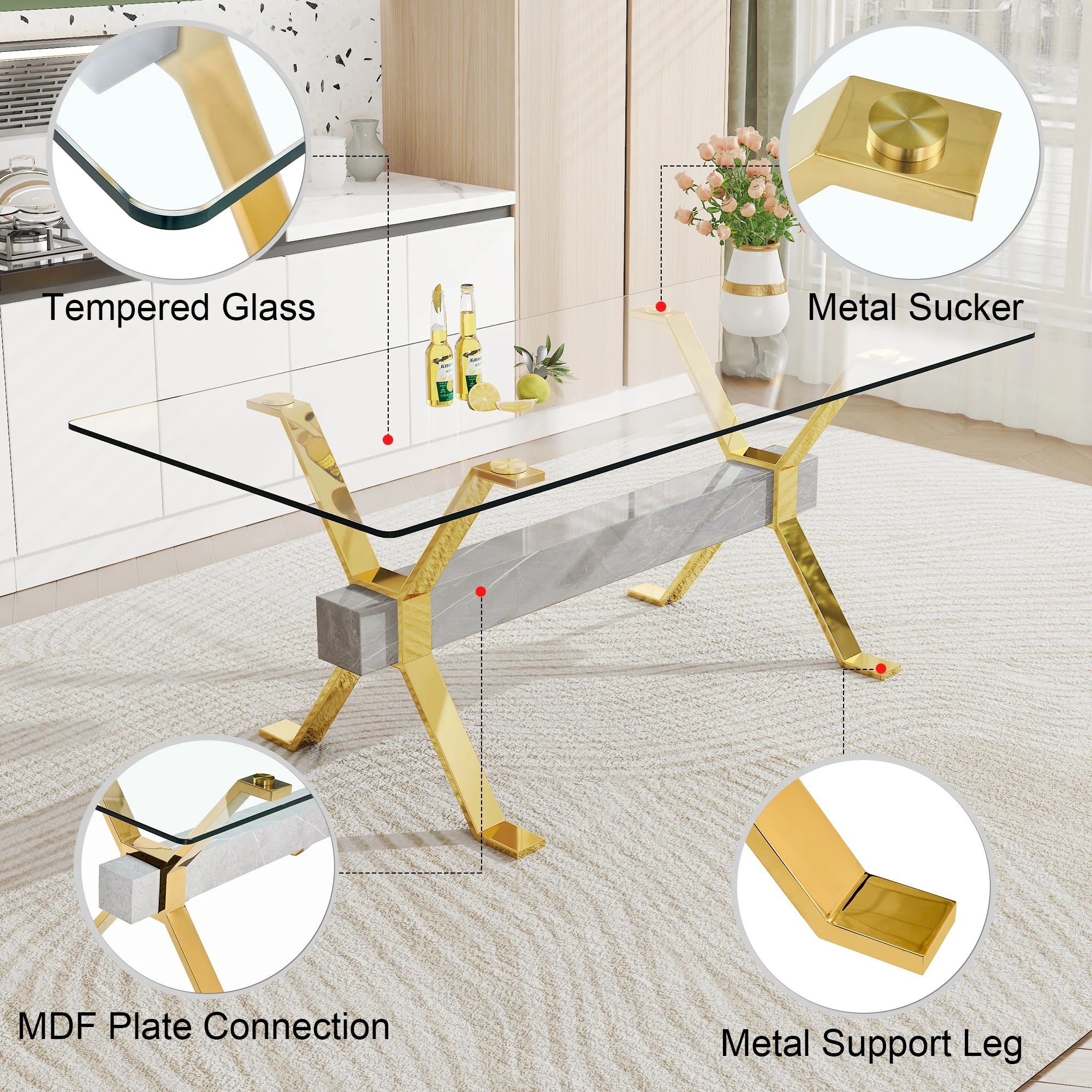 Modern tempered glass rectangular dining table with 6 white PU gold leg chairs V1592