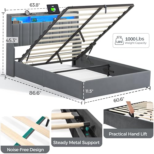 LINSY Lift Up Storage Queen Bed Frame with LED Lights and Charging Station, Dark Grey I29937