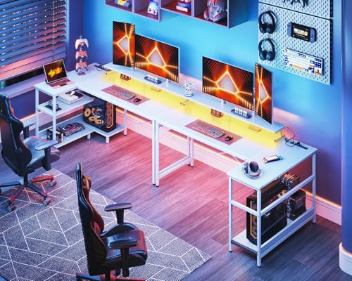 ODK 48 Inch L Shaped Gaming Desk with USB Charging Ports and LED Lights S136