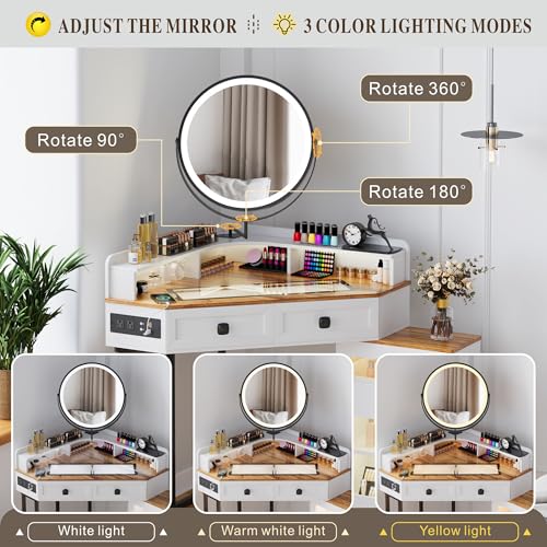 White Corner Vanity Desk with Mirror and Lights I97733