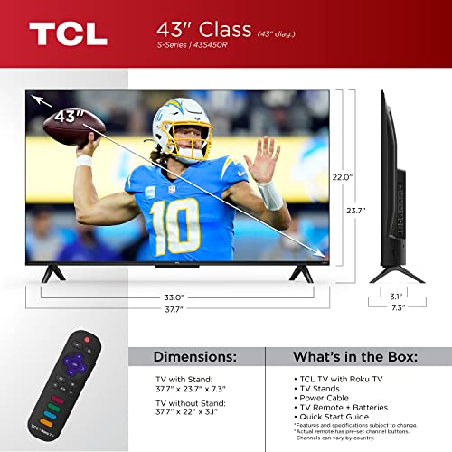 TCL 43-Inch Class S4 4K LED Smart TV with Roku TV, Dolby Vision, HDR, Dolby Atmos E913
