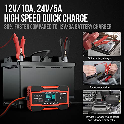 NEXPEAK NC201 10-Amp Smart Battery Charger 12V 24V Maintainer Y89056