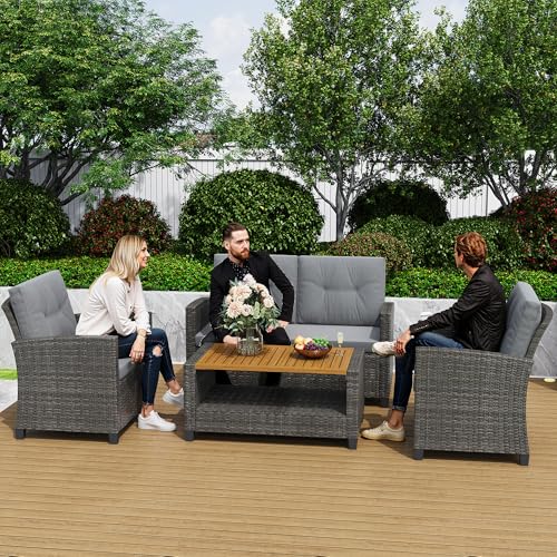 Wisteria Lane 4 Piece Outdoor Patio Furniture Set, Gray Rattan Sofa with Cushion P41861